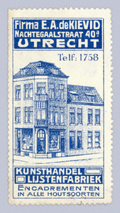 710931 Sluitzegel van E.A. de Kievid, Kunsthandel, Lijstenfabriek, Nachtegaalstraat 40a te Utrecht, met een litho van ...